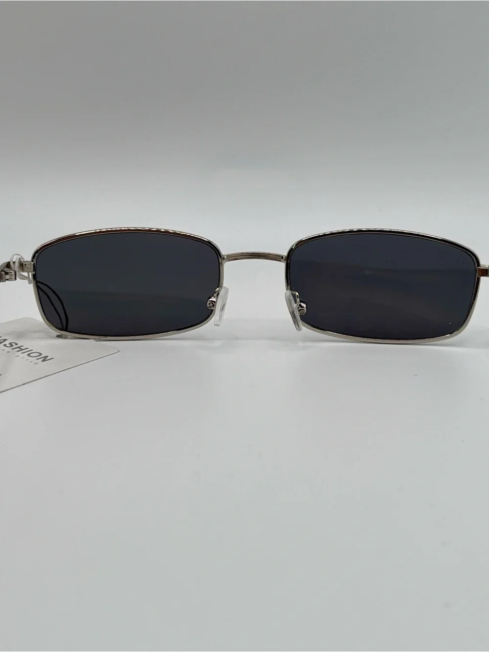 Vintage 90s Y2K Slim Rectangular Silver Metal Frame Sunglasses Dark Gray Lens